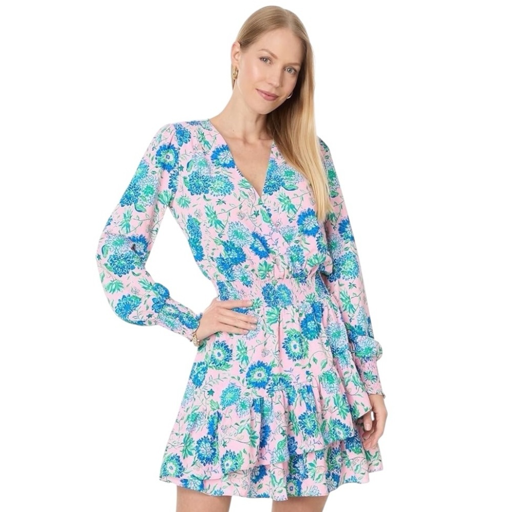 Lilly Pulitzer Pink Blue Floral Smocked Ruffle Mini Dress | Size 00